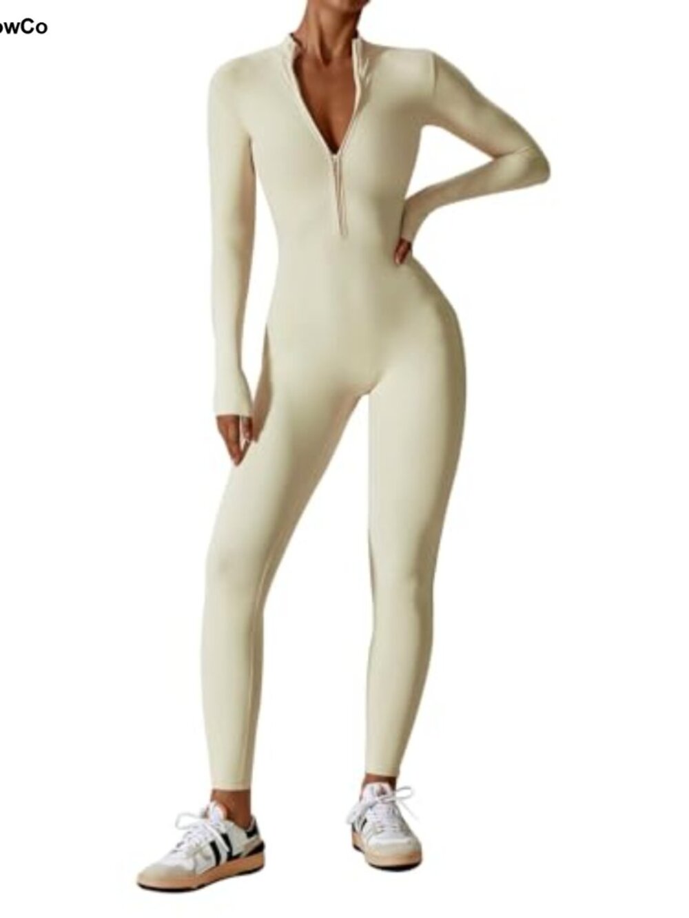 ECUPPER Long Sleeve Zip Up Bodycon Jumpsuit Workout Unitard Catsuit